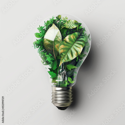 light bulb with leafs imitated and leaves inside, in the style of photo-realistic landscapes, eco art, highly detailed foliage, white background, nature-inspired imagery
