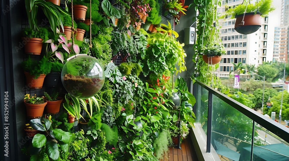 lush vertical garden on an urban balcony, featuring a variety of air ...