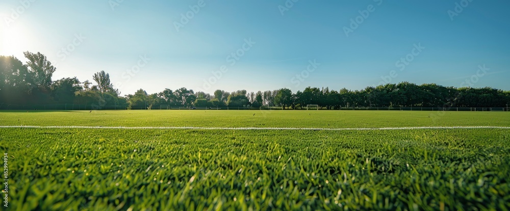 Fototapeta premium A Serene Lush Green Football Field Under A Clear Blue Sky