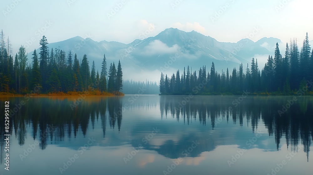 Obraz premium A lake with trees and mountains in the background, Ai generated