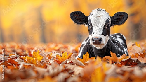 Cute black and white calf resting on autumn leaves photo