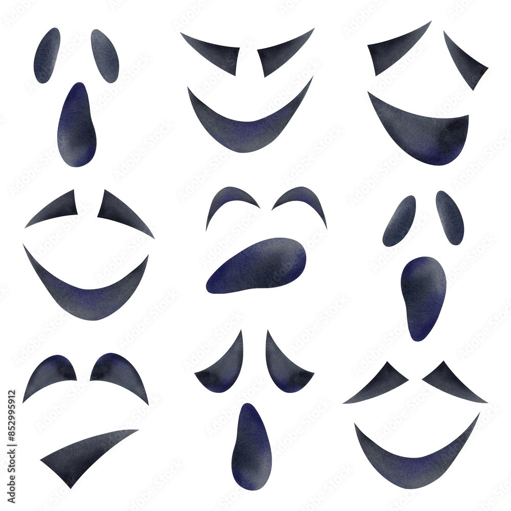 A creepy face highlighted on a white background, funny and scary eyes and mouth. Halloween emoji in a flat cartoon, silhouette style. A hand-drawn watercolor illustration of horror. A creepy face highlighted on a white background, funny and scary eyes and mouth. Halloween emoji in a flat cartoon, silhouette style. A hand-drawn watercolor illustration of horror.