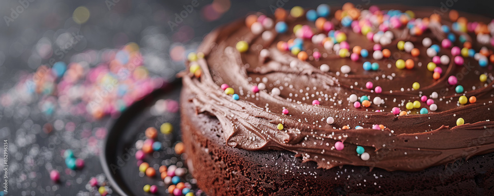 Fototapeta premium A decadent chocolate cake topped with a rich chocolate frosting and sprinkles.