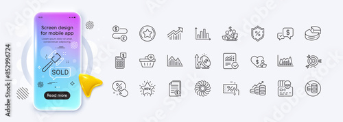 Budget accounting, Money transfer and Excise duty line icons for web app. Phone mockup gradient screen. Pack of Diagram graph, Discount coupon, Financial documents pictogram icons. Vector