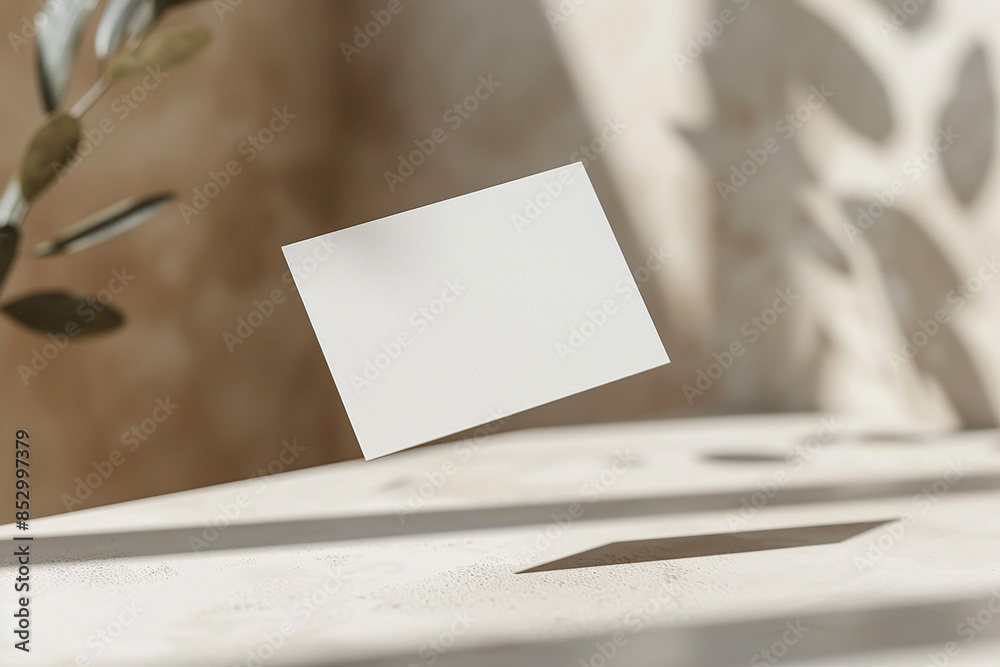 Detailed empty business card mockup hovering on a neutral background, perfect for social media Detailed empty business card mockup hovering on a neutral background, perfect for social media