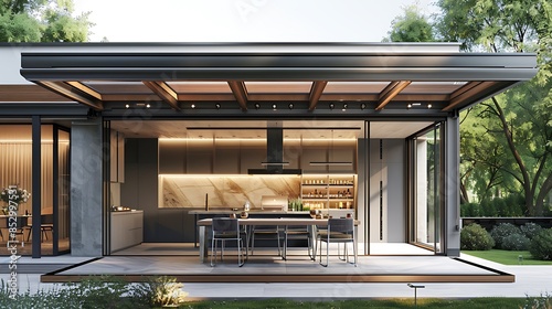 luxury outdoor dining area with a gourmet kitchen, retractable roof, and climate control features, allowing for comfortable al fresco dining regardless of weather conditions photo