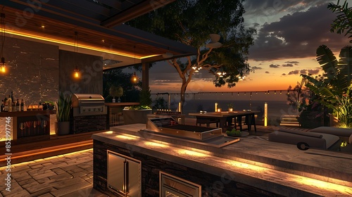 luxury outdoor kitchen with a teppanyaki grill, sophisticated weatherproof appliances, and a bar area with adjustable mood lighting for entertaining at any time of day