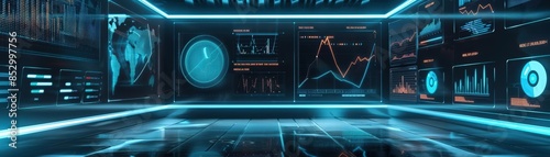 Futuristic business presentation with holographic charts and graphs photo