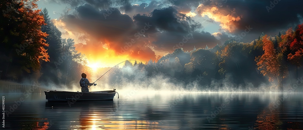 Tranquil Morning Fishing: Angler in Boat on Serene Lake at Sunrise with Misty Forest Reflections Tranquil Morning Fishing: Angler in Boat on Serene Lake at Sunrise with Misty Forest Reflections