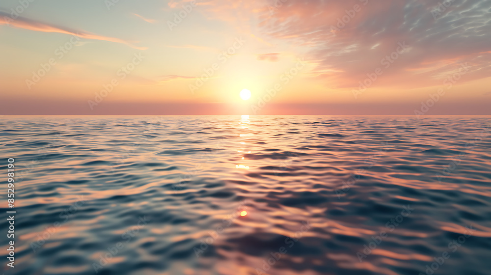 Fototapeta premium Sunrise amidst the ocean, wallpaper, the first light of the day passes through the beautiful waters.