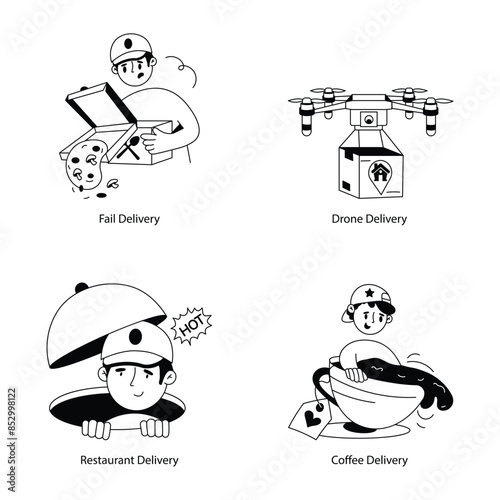 Food Delivery Hand Drawn Mini Illustrations