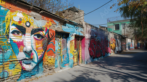 The vibrant street art scene in the 798 Art District of Beijing, where colorful murals and graffiti adorn the walls of former factory buildings, Chinese streets