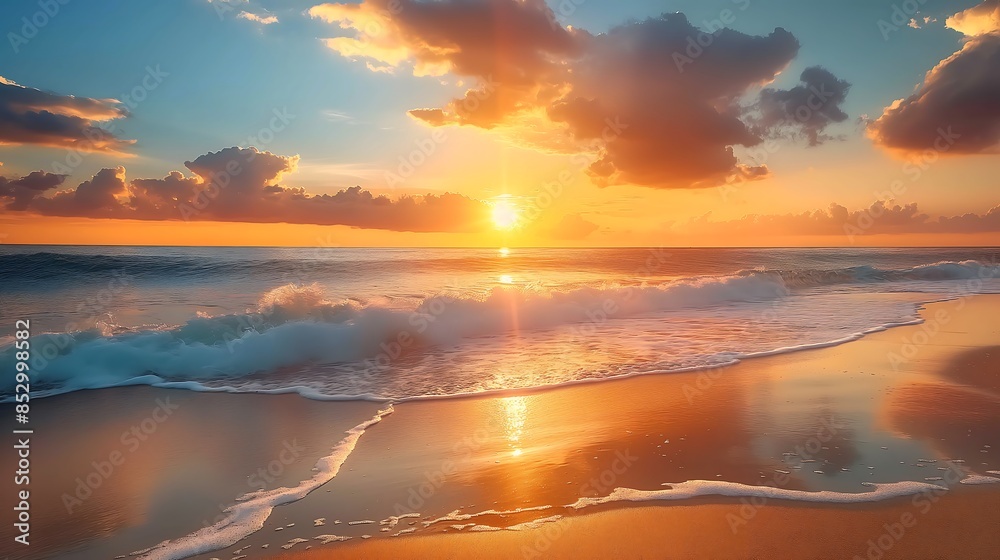 Fototapeta premium A beautiful sunset over the ocean, and white as sun rays break through clouds, Ai generated