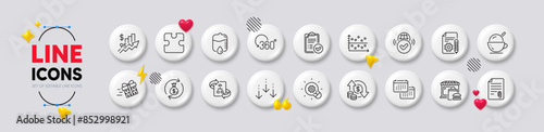 Rise price, Ice cream and Technical algorithm line icons. White buttons 3d icons. Pack of Innovation, Drop counter, Scroll down icon. Attachment, Puzzle, Verified internet pictogram. Vector