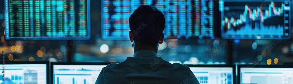 Investor monitoring financial markets on multiple screens Investor monitoring financial markets on multiple screens