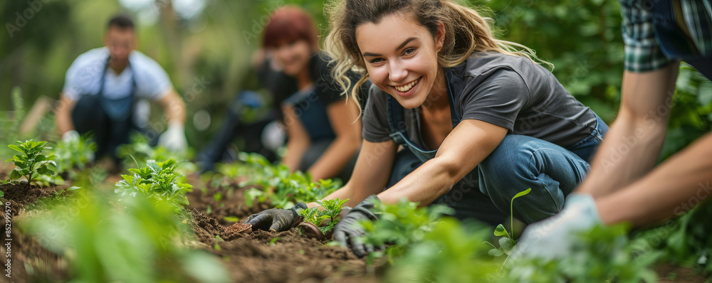 Fototapeta premium A group of coworkers volunteering at a community garden, planting seeds and tending to plants to promote sustainability.