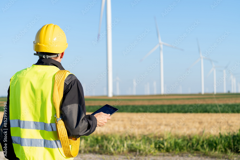 Engineer with digital tablet works on a field of wind turbines Engineer with digital tablet works on a field of wind turbines