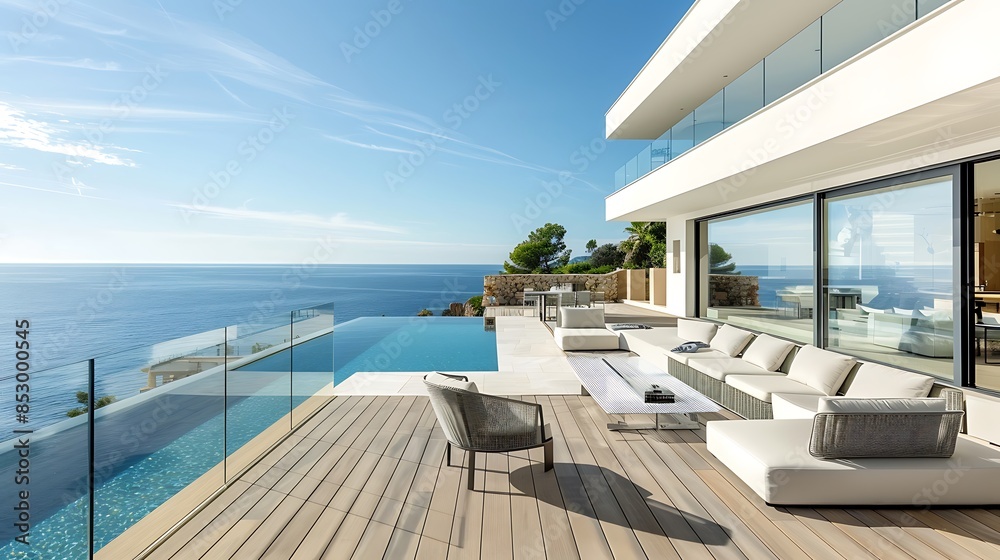 modern minimalist deck overlooking the ocean, with clear glass balustrades, an infinity-edge pool, and sleek, low-profile outdoor furniture to keep the focus on the view modern minimalist deck overlooking the ocean, with clear glass balustrades, an infinity-edge pool, and sleek, low-profile outdoor furniture to keep the focus on the view