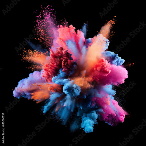 Colorful spray of powder on black background, in the style of bold color scheme, voluminous forms