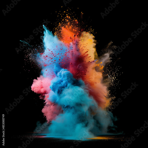 Colorful spray of powder on black background, in the style of bold color scheme, voluminous forms