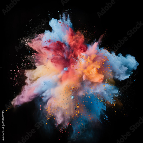 Colorful spray of powder on black background, in the style of bold color scheme, voluminous forms