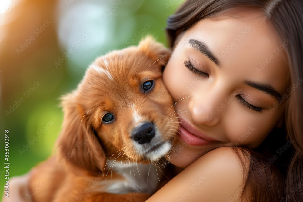 Woman holding adorable puppy in a loving embrace Woman holding adorable puppy in a loving embrace
