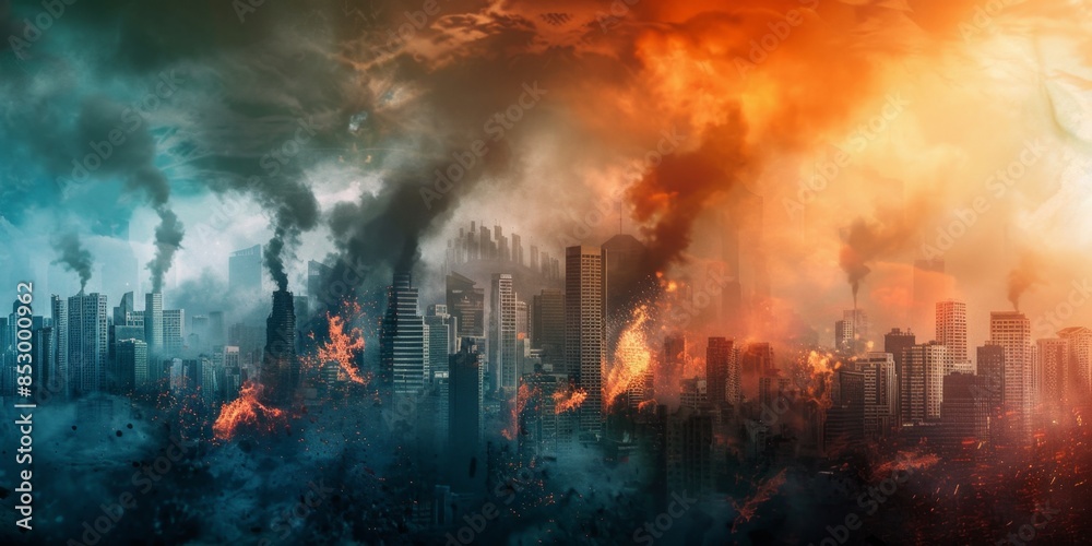 Obraz premium Apocalyptic Skyline in Fire and War Smoke with Ruins and Protest Environment, Wide Banner Design Calling for World Peace, Unity, Cooperation, and Harmony. High-Resolution AI-Generated Wallpaper Backgr