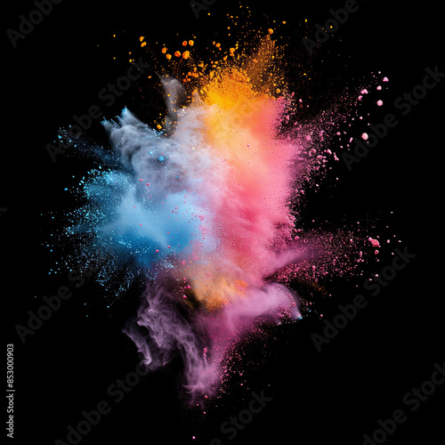 Colorful spray of powder on black background, in the style of bold color scheme, voluminous forms