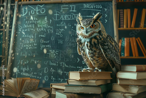Wallpaper Mural A large owl is sitting on top of a stack of books in front of a chalkboard Torontodigital.ca