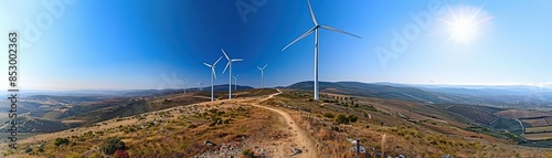 Wind turbines on a hilltop under a clear blue sky