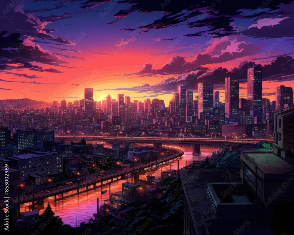 Fototapeta premium Vibrant sunset over a modern cityscape with skyscrapers, reflecting off a peaceful river, creating a stunning twilight scene.
