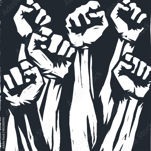 Group of protestors fists raised up, vector illustration