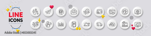 Cloud storage, Search file and Baggage app line icons. White buttons 3d icons. Pack of Bed bugs, Project deadline, Paper plane icon. Confirmed flight, Charging cable, Work home pictogram. Vector