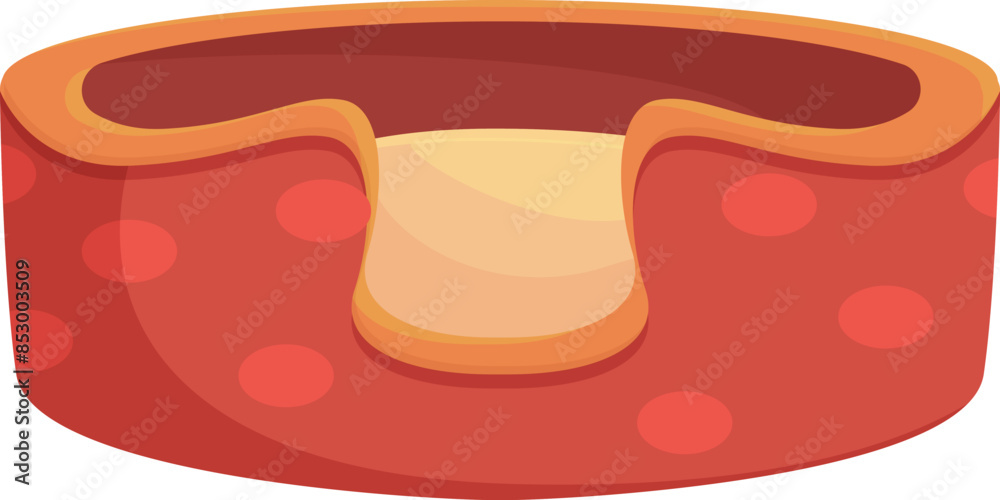Round red empty dog bed with yellow pillow is waiting for sleeping puppy on white background Round red empty dog bed with yellow pillow is waiting for sleeping puppy on white background