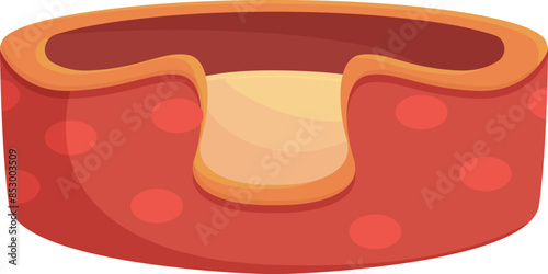 Round red empty dog bed with yellow pillow is waiting for sleeping puppy on white background