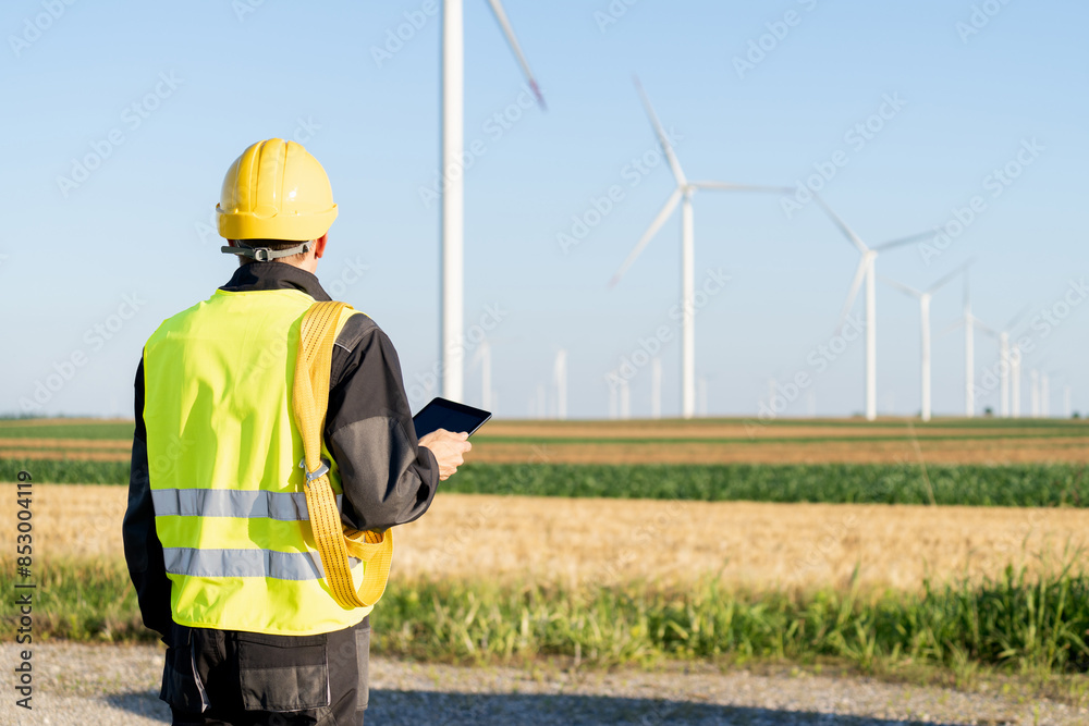 Engineer with digital tablet works on a field of wind turbines Engineer with digital tablet works on a field of wind turbines