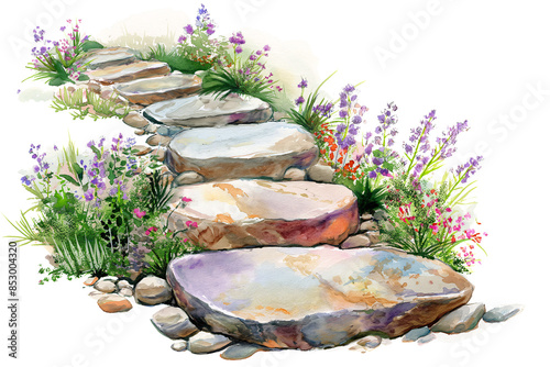 a garden pathway clipart, stepping stone element, hand-drawn illustration, pastel, isolated on Transparent background photo