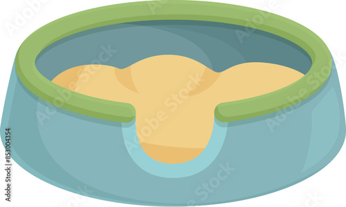Green cat litter box being filled with sand, isolated on white background