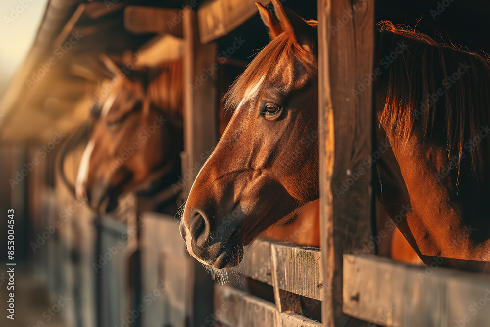 Fototapeta premium Three beautiful horses standing in a rustic stable, looking out with curiosity and tranquility. Ideal for agricultural and equestrian themes.