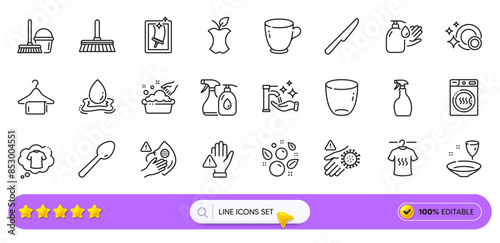Dry t-shirt, Clean bubbles and Dont touch line icons for web app. Pack of Tea cup, Water splash, Dryer machine pictogram icons. T-shirt, Window cleaning, Wash hands signs. Dirty mask. Vector