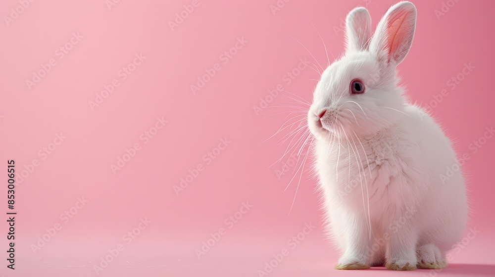 Cute white rabbit with pink ears sitting on a pastel pink background. Adorable and fluffy bunny in a studio setting, perfect for Easter themes. Cute white rabbit with pink ears sitting on a pastel pink background. Adorable and fluffy bunny in a studio setting, perfect for Easter themes.