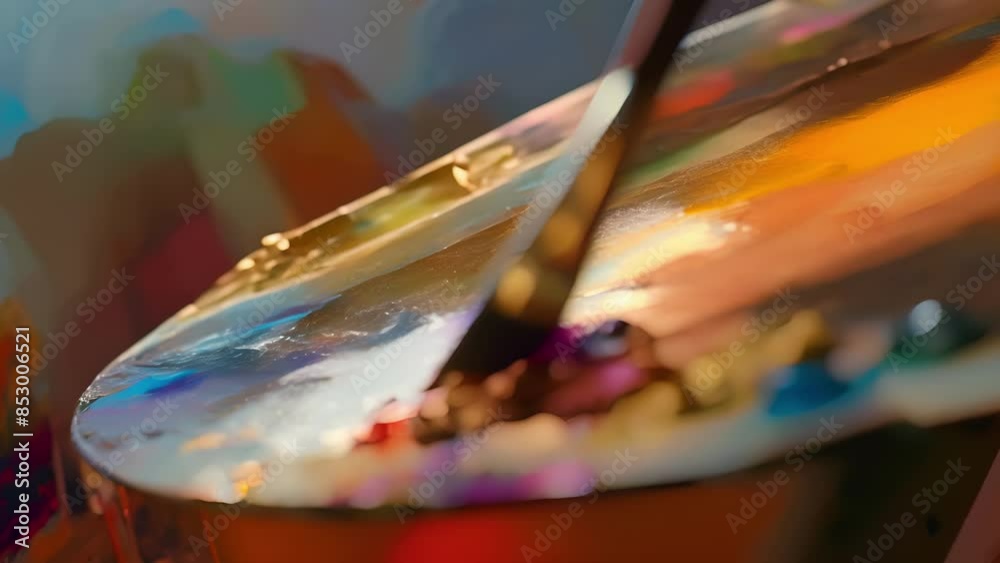 A defocused brush rests on a palette of vibrant hues. A defocused brush rests on a palette of vibrant hues.