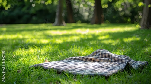 Checkered Blanket on Green Grass in Sunlit Forest Clearing photo