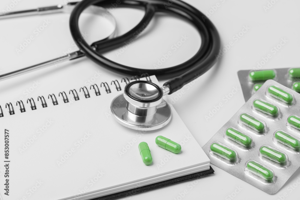 stethoscope equipment and psychotherapy pills modern capsule green healthy on notebook stethoscope equipment and psychotherapy pills modern capsule green healthy on notebook