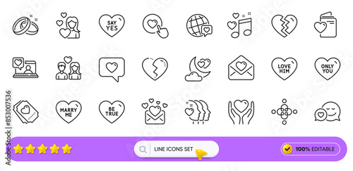 Dating, Say yes and Friends couple line icons for web app. Pack of World brand, Love, Friends chat pictogram icons. Hold heart, Like button, Love him signs. Wedding rings, Inclusion, Be true. Vector