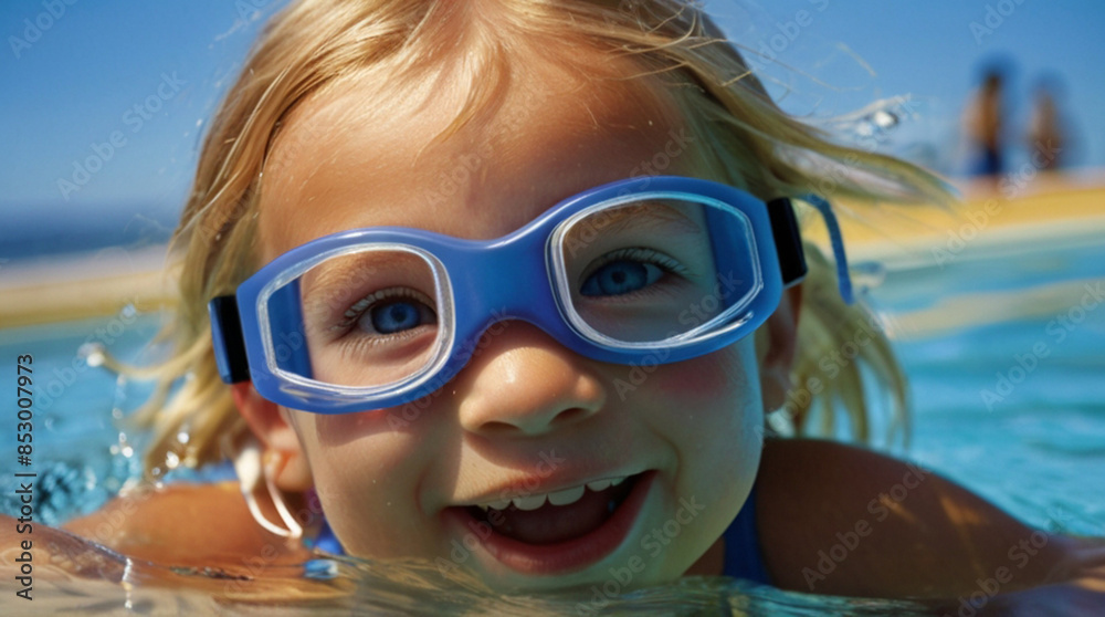 Child wearing swimming goggles and enjoying hot summer day in the swimming pool Child wearing swimming goggles and enjoying hot summer day in the swimming pool