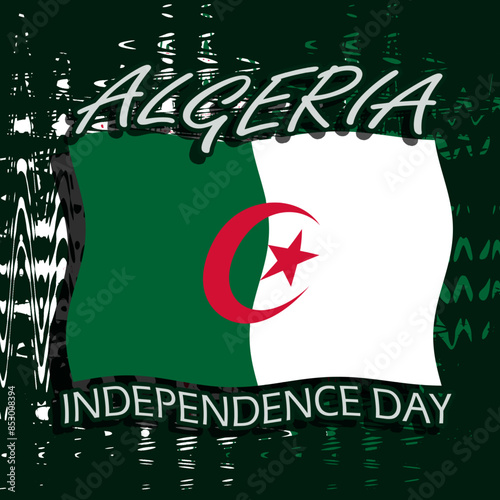 Algerian Independence Day event banner. Algerian flag flying on dark green decoration background to celebrate on July 5th