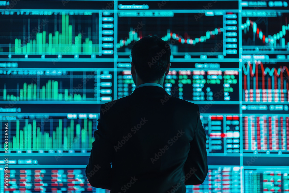 A man in a suit is looking at a computer screen with many graphs and numbers A man in a suit is looking at a computer screen with many graphs and numbers