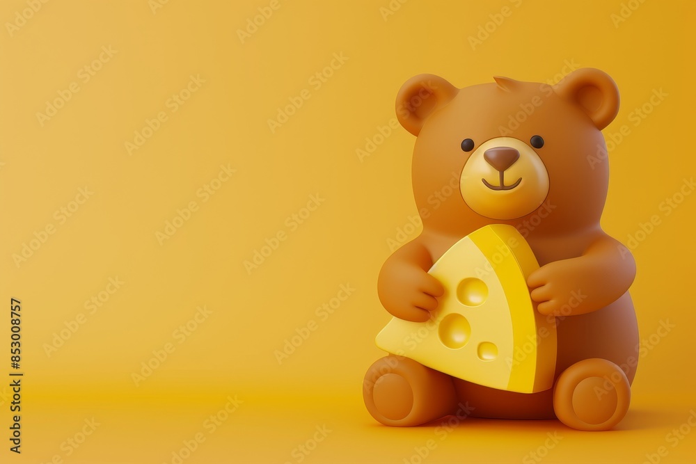 Obraz premium A cartoon bear is holding a piece of cheese in its mouth