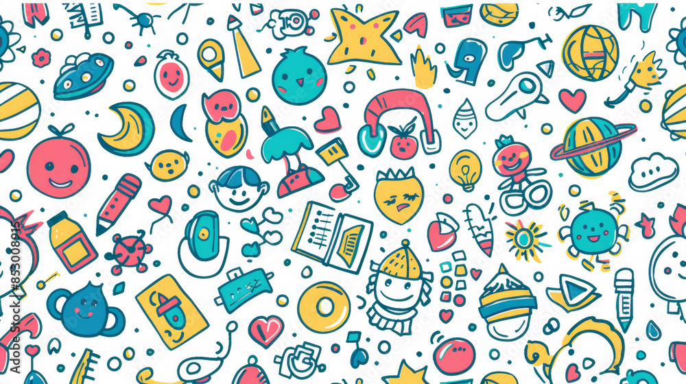 A colorful background with many cartoon faces and objects A colorful background with many cartoon faces and objects